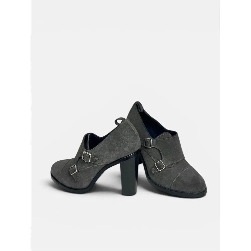 Brooks Brothers Charcoal Gray Suede Monk Strap Heels Booties made in Italy 6,5